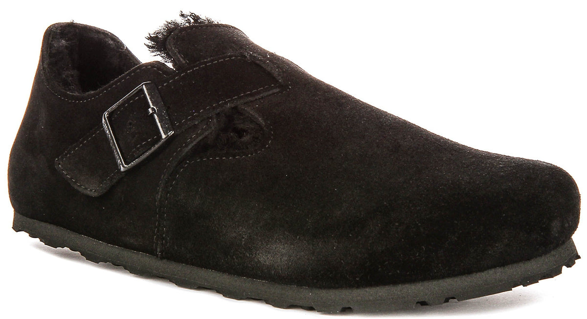 Birkenstock London-tofflor | Svart mocka med fårskinnsfoder för dam - Normal passform