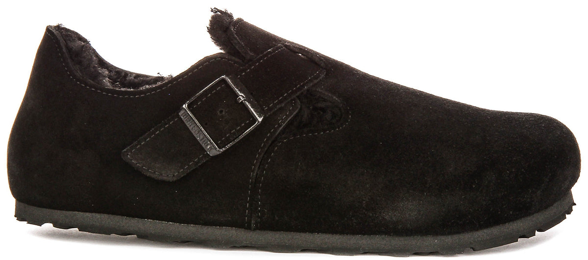 Birkenstock London-tofflor | Svart mocka med fårskinnsfoder för dam - Normal passform