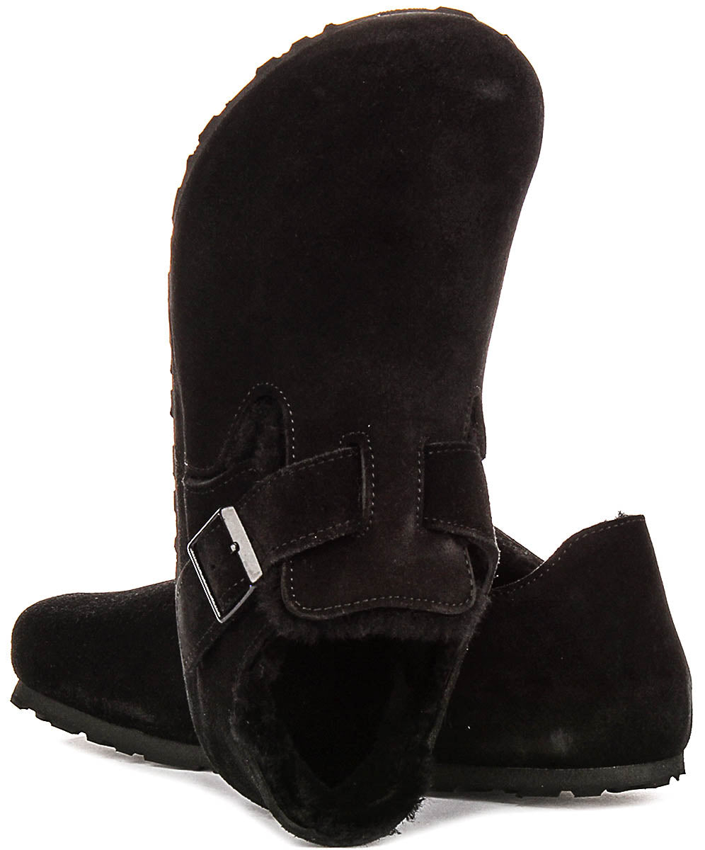 Birkenstock London-tofflor | Svart mocka med fårskinnsfoder för dam - Normal passform