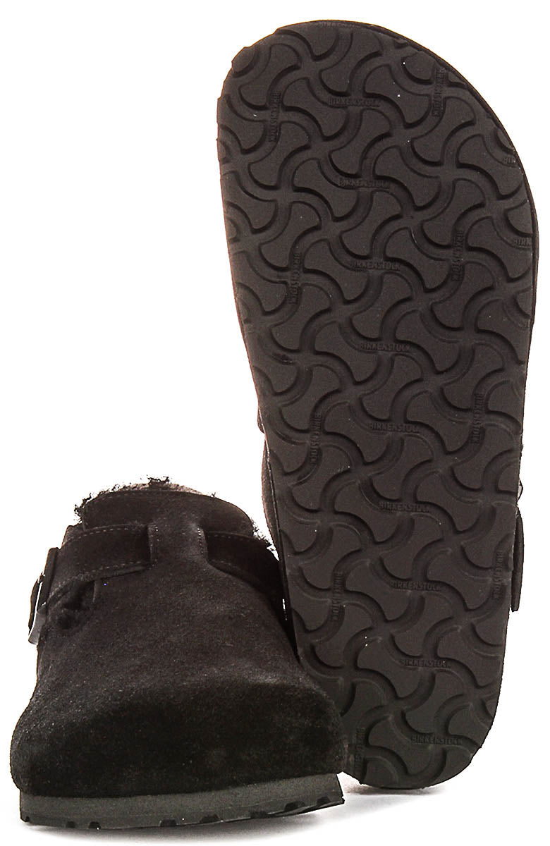 Birkenstock London-tofflor | Svart mocka med fårskinnsfoder för dam - Normal passform