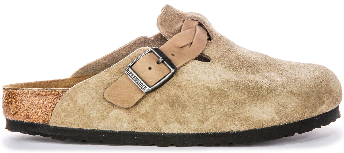 Birkenstock Boston-klompen | Taupekleurig suède - gevlochten bandje voor dames