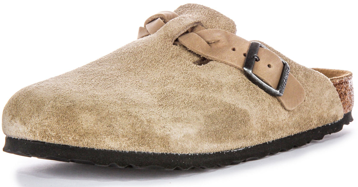 Birkenstock Boston-klompen | Taupekleurig suède - gevlochten bandje voor dames