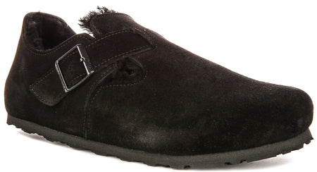 Birkenstock London-tofflor | Svart mocka med fårskinnsfoder för dam - Normal passform