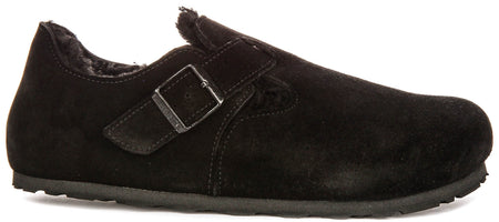 Birkenstock London-tofflor | Svart mocka med fårskinnsfoder för dam - Normal passform