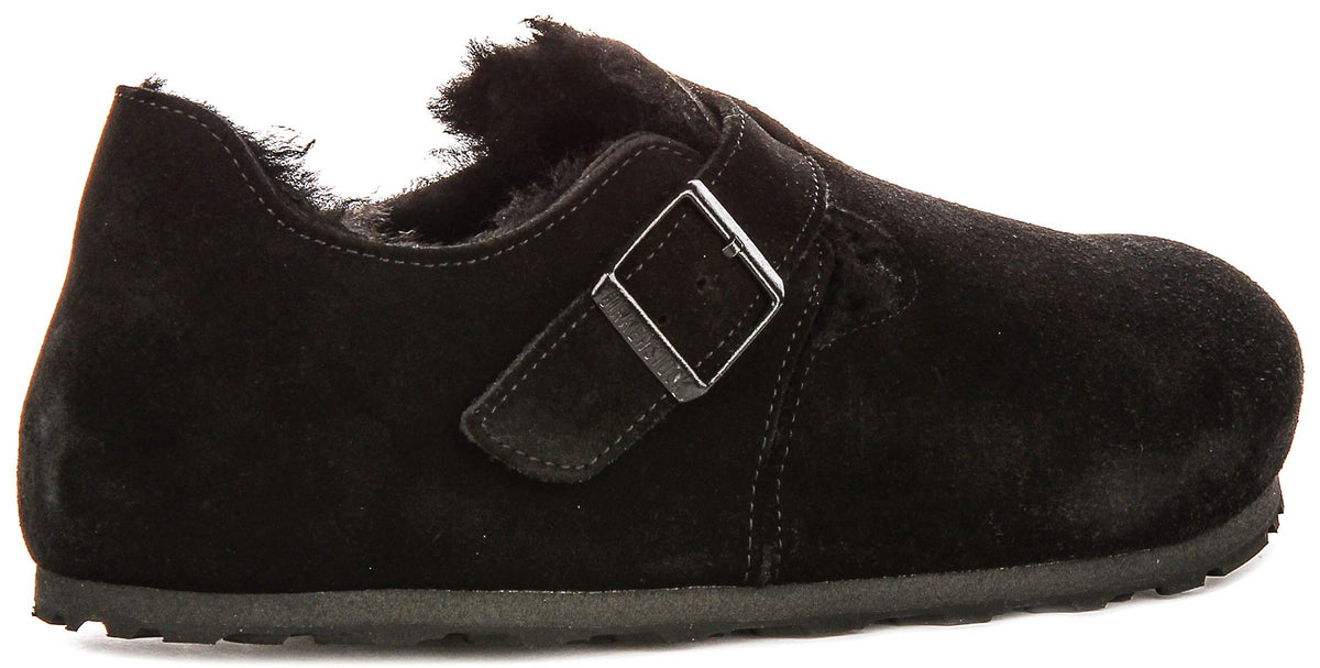 Birkenstock London-tofflor | Svart mocka med fårskinnsfoder för dam - Normal passform