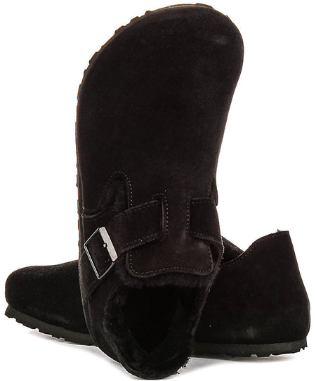 Birkenstock London-tofflor | Svart mocka med fårskinnsfoder för dam - Normal passform