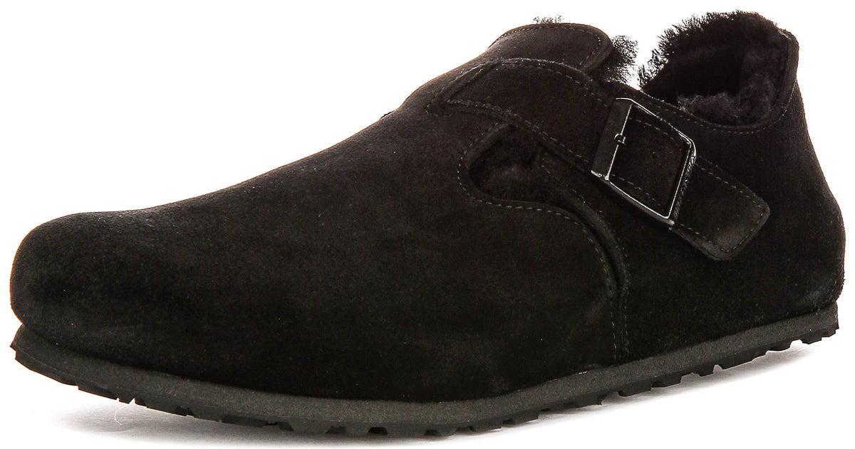 Birkenstock London-tofflor | Svart mocka med fårskinnsfoder för dam - Normal passform