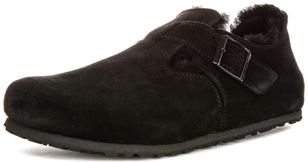 Birkenstock London-tofflor | Svart mocka med fårskinnsfoder för dam - Normal passform