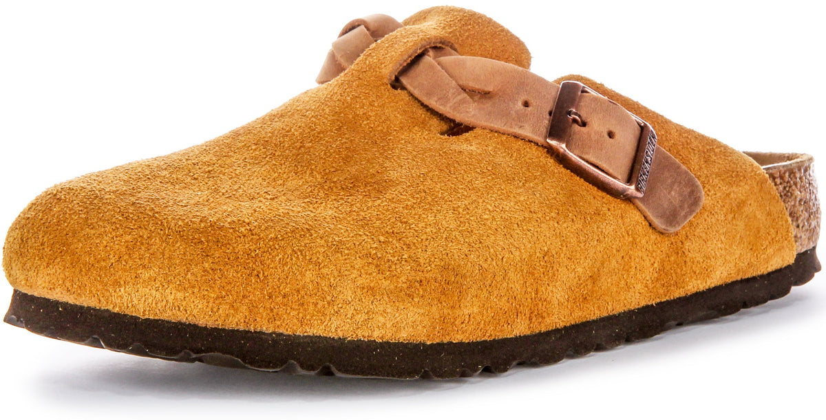 Sabots Birkenstock Boston | Cuir velours vison - Bride tressée pour femmes