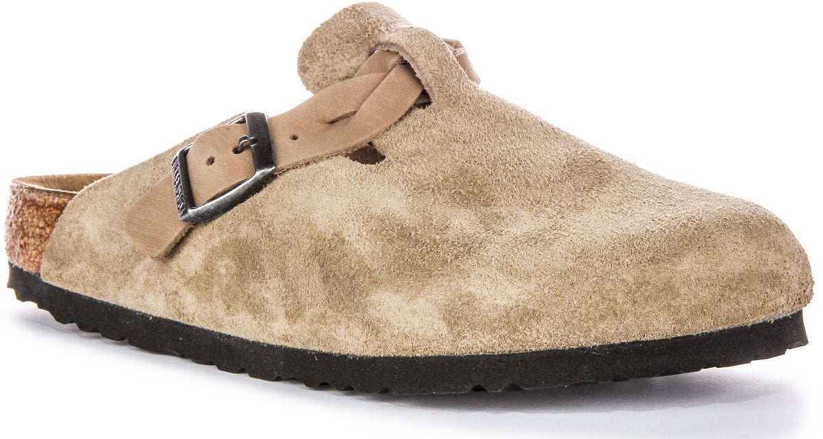 Birkenstock Boston-klompen | Taupekleurig suède - gevlochten bandje voor dames