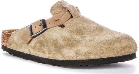 Birkenstock Boston-klompen | Taupekleurig suède - gevlochten bandje voor dames