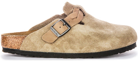Birkenstock Boston-klompen | Taupekleurig suède - gevlochten bandje voor dames