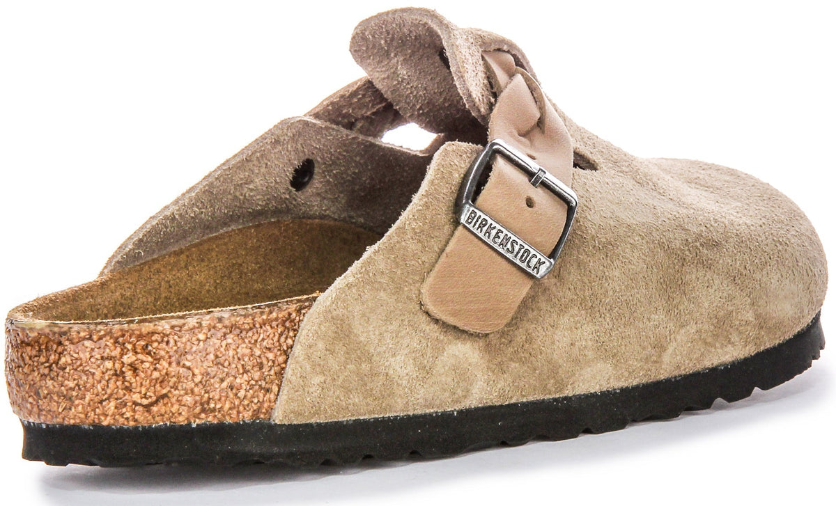 Birkenstock Boston-klompen | Taupekleurig suède - gevlochten bandje voor dames
