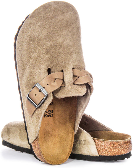 Birkenstock Boston-klompen | Taupekleurig suède - gevlochten bandje voor dames